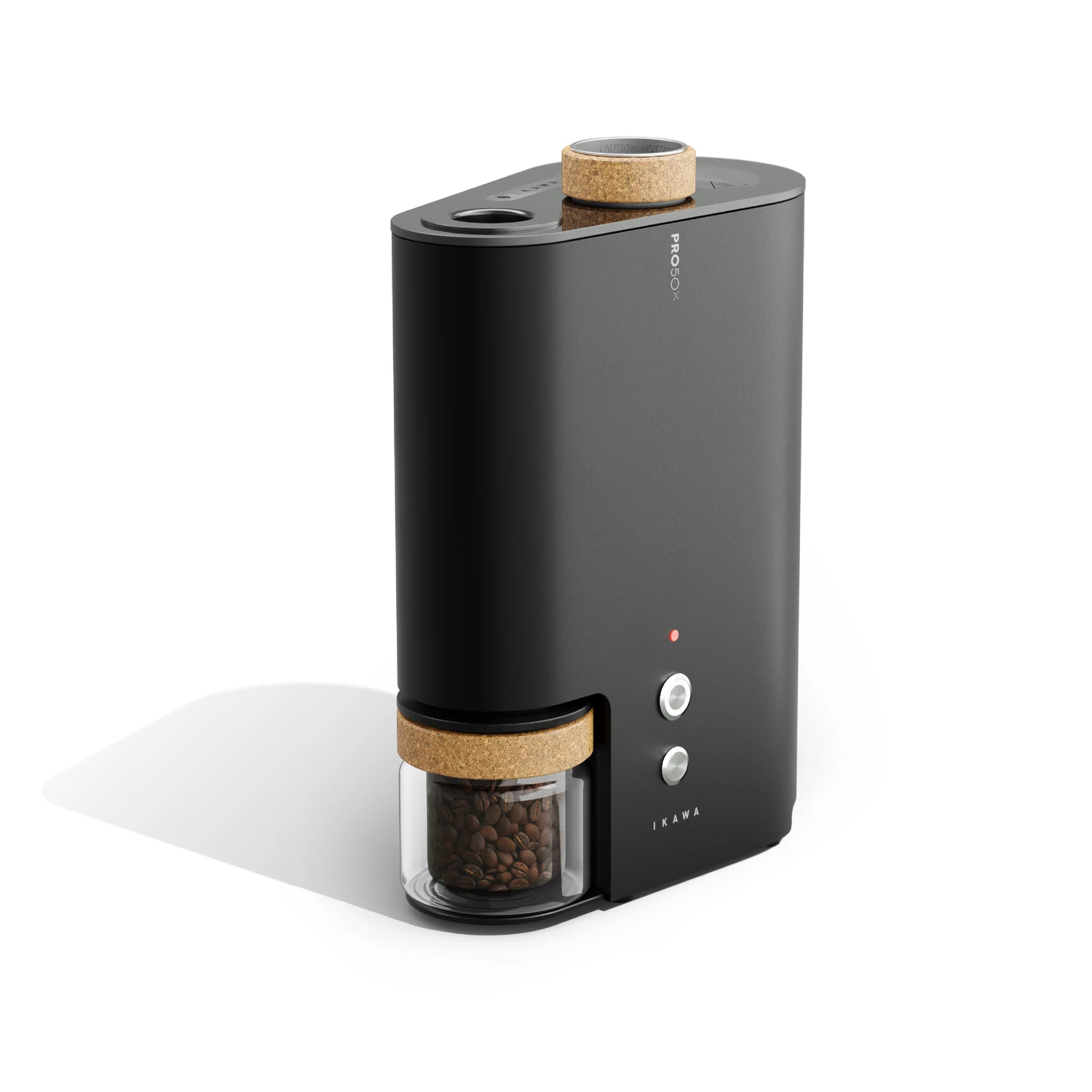 IKAWA Pro50x negro, visto de tres cuartos, con dosificador y recipiente de café